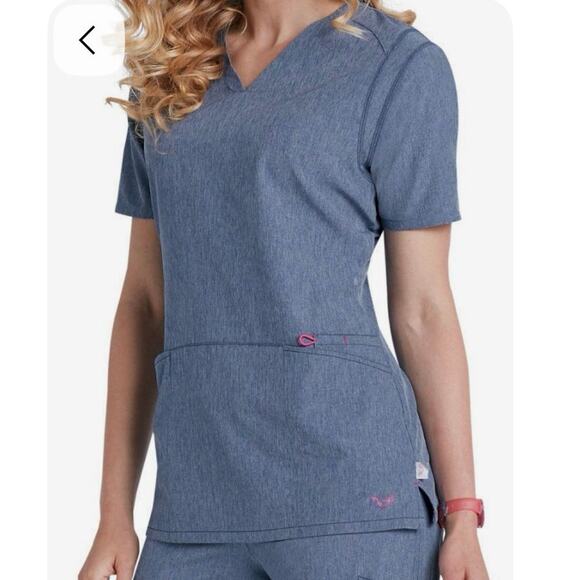 Smitten Scrubs Rock Goddess Top & Amp Flare Pants Set Heather Blue Pink Trim S - Picture 5 of 15